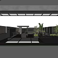 Modern Courtyard Garden Design With Water Feature Outdoor Dining Seating Green Plants And Dark Stone