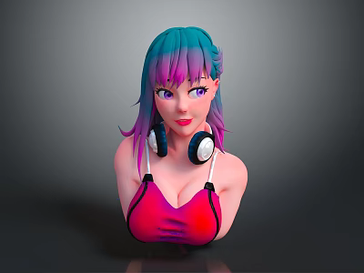 Game And Movie Character Featuring Blue Purple Gradient Hair Black Headphones And Red Tank Top 3d model