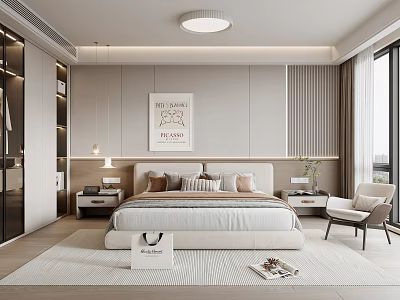 Modern Bedroom Interior Design With Cozy Bed Pillows Artwork Accent Chair And Rug 3d model