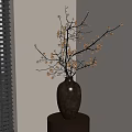 Dark Colored Ceramic Vase With Branches And Flowers On Small Table By Window With Blinds 3d model