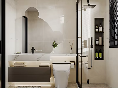 Modern Bathroom With Stylish Mirror Sink Toilet Shower And Storage Shelves 3d model
