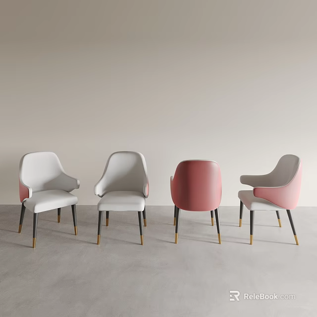 Stylish Modern Dining Chairs With White And Pink Upholstery Black Gold Legs Armrest Design 3d model 