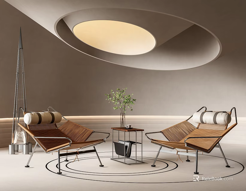 Modern Leisure Chairs With Brown Leather Seats Metal Frames Side Table Green Plant And Circular Ceiling Light 3d model 