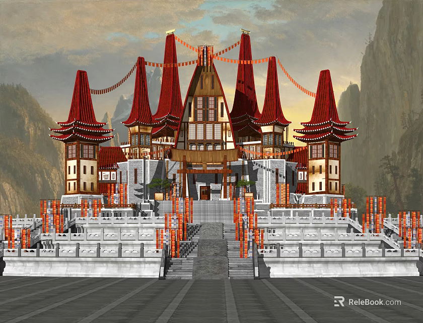 Traditional Chinese Ancient Architecture with Red Spire Roofs Stone Steps Decorative Lanterns and Mountain Backdrop 3d model 