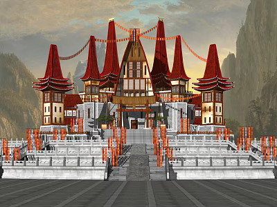 Traditional Chinese Ancient Architecture with Red Spire Roofs Stone Steps Decorative Lanterns and Mountain Backdrop 3d model