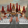 Traditional Chinese Ancient Architecture with Red Spire Roofs Stone Steps Decorative Lanterns and Mountain Backdrop