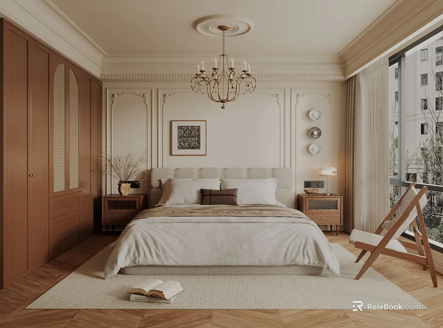 Elegant Bedroom Interior With Wooden Wardrobes Chandelier Decorative Wall Moldings And Beige Bed 3d model 