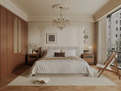 Elegant Bedroom Interior With Wooden Wardrobes Chandelier Decorative Wall Moldings And Beige Bed 3d model