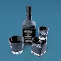 Dark Labeled Whiskey Bottle With Transparent Glasses And Ice Cubes On Blue Background