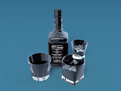 Dark Labeled Whiskey Bottle With Transparent Glasses And Ice Cubes On Blue Background 3d model