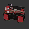 Red Lathe Machine With Digital Control Panel On Workbench With Red Cabinets