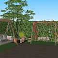 Cozy Garden Decor With Wooden Deck Green Hedge Wall Swings And Roses