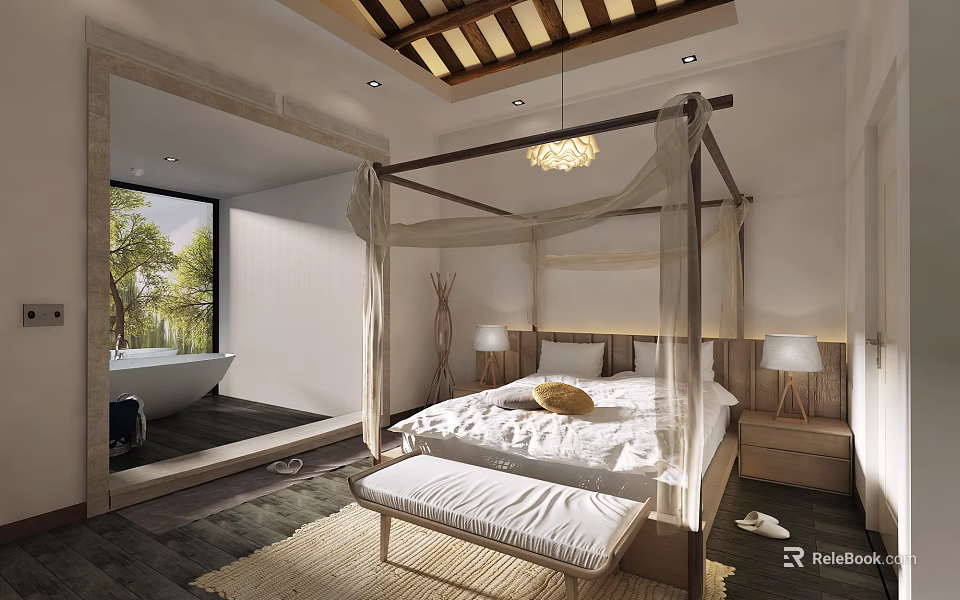 Hotel Guest Room With Four Poster Bed Chandelier Bathtub And Natural View Through Window 3d model 