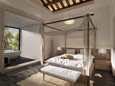 Hotel Guest Room With Four Poster Bed Chandelier Bathtub And Natural View Through Window 3d model