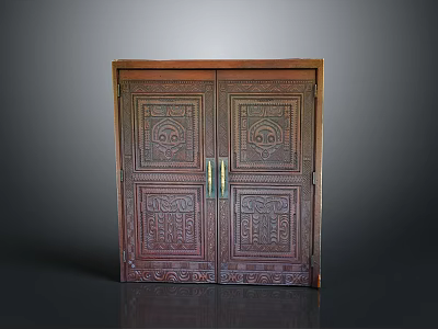 Classic Double Wooden Doors Furniture With Intricate Carved Patterns And Metal Handles 3d model