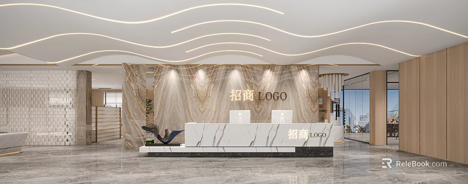 Modern Front Desk Reception Interior With Marble Wall And Company Logo Lighting Design 3d model 