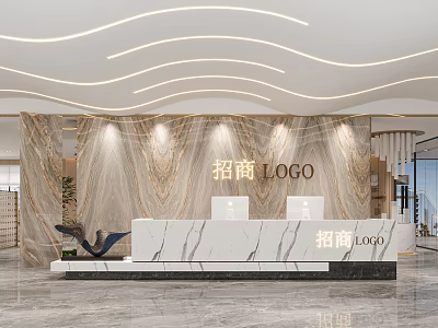 Modern Front Desk Reception Interior With Marble Wall And Company Logo Lighting Design 3d model
