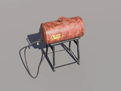 Industrial Equipment Rusty Cylindrical Tank With Black Metal Stand Connected Hose And Yellow Warning Sign 3d model