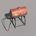 Industrial Equipment Rusty Cylindrical Tank With Black Metal Stand Connected Hose And Yellow Warning Sign