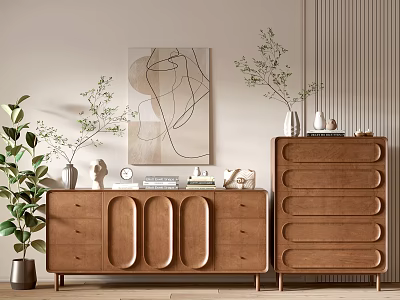 Modern Wooden Console Table And Sideboard With Green Plants Abstract Painting And Decorative Items 3d model