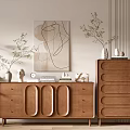 Modern Wooden Console Table And Sideboard With Green Plants Abstract Painting And Decorative Items