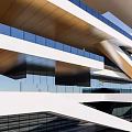 Modern Building Exterior With Glass Curtain Wall Water Pool Stairs And Tree