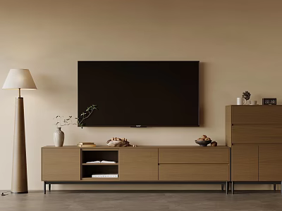 Modern TV Stand In Living Room With Wall TV Floor Lamp Decorative Items And Vase 3d model