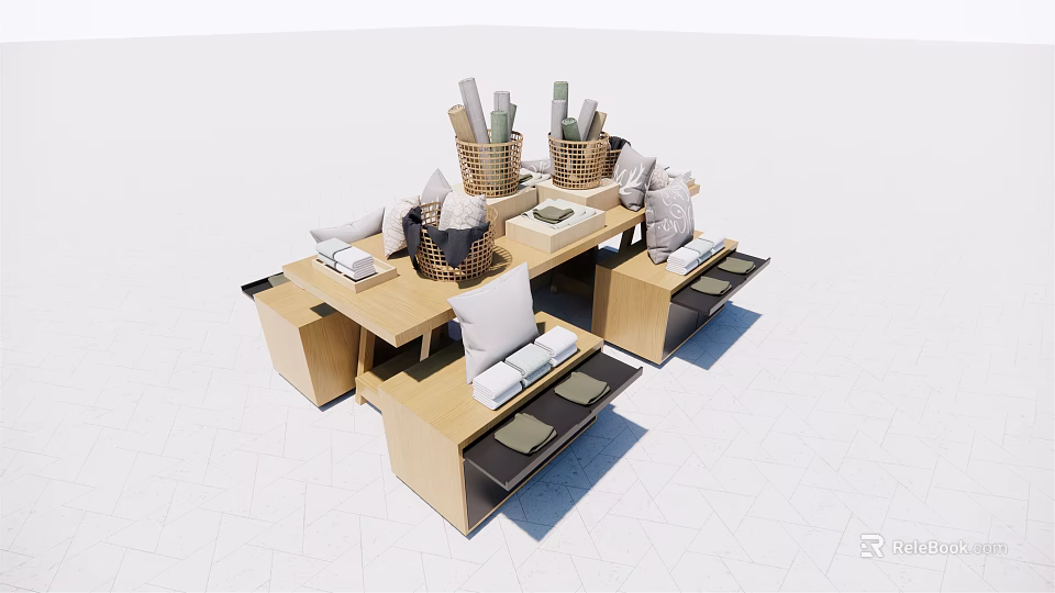 Modern Wooden Display Shelves With Multi Layer Design And Storage Baskets 3d model 