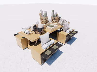 Modern Wooden Display Shelves With Multi Layer Design And Storage Baskets 3d model