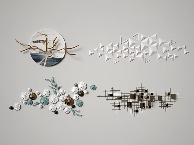Modern Wall Decor With Circular Seascape Branch Geometric Triangles Floral Leaf And Abstract Lines 3d model