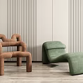 Stylish Modern Leisure Chairs with Brown and Green Curved Design Against Striped Wall Wooden Floor