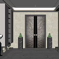 Elegant Modern Elevator Lobby With Textured Doors Marble Floor Decorative Plants And Ambient Lighting