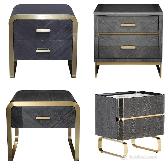 Modern Dark Wood Nightstand Design With Gold Metal Accents And Drawers 3d model 