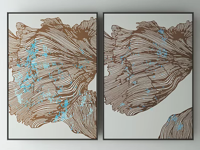 Abstract Wall Art Decor With Two Panel Design Brown Blue Lines And Textured Patterns 3d model