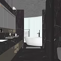 Modern Bathroom Interior With Marble Countertops Double Sinks Freestanding Bathtub Large Mirrors And Glass Partitions