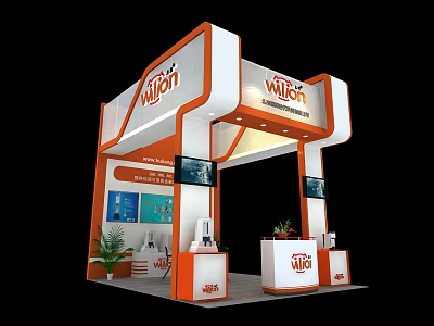Modern Orange And White Exhibition Booth Design With VITCH Logo TV Screens And Plants 3d model