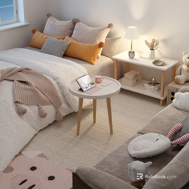Round Light Colored Coffee Table In Cozy Bedroom With Wooden Legs And Tablet Cup 3d model 
