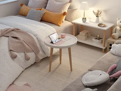 Round Light Colored Coffee Table In Cozy Bedroom With Wooden Legs And Tablet Cup 3d model