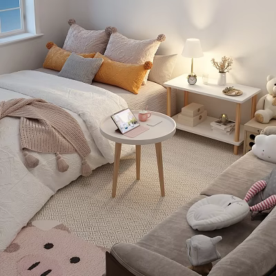 Round Light Colored Coffee Table In Cozy Bedroom With Wooden Legs And Tablet Cup 3d model