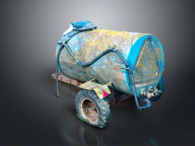 Old Rusty Blue Yellow Fuel Tank Trailer With Wheel Pipes And Frame 3d model