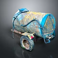 Old Rusty Blue Yellow Fuel Tank Trailer With Wheel Pipes And Frame