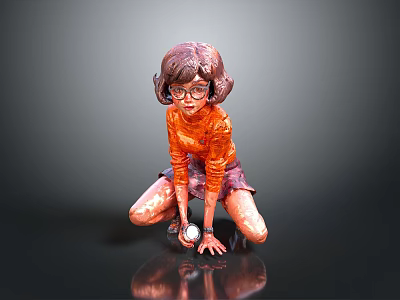 Kneeling Girl Sculpture Wearing Glasses Orange Top And Short Skirt On Reflective Ground 3d model
