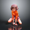 Kneeling Girl Sculpture Wearing Glasses Orange Top And Short Skirt On Reflective Ground