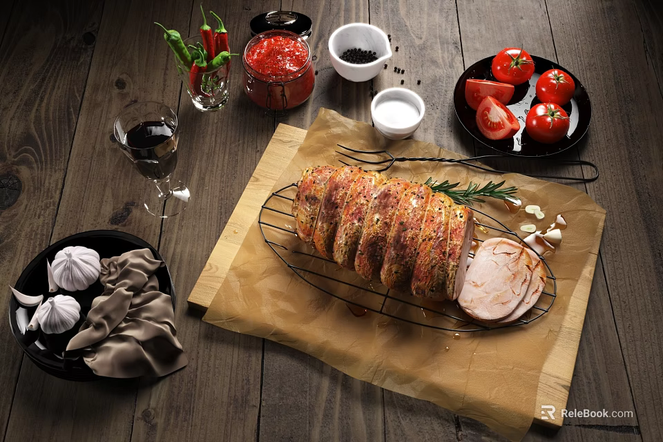 Roasted Pork Roll with Tomatoes Ketchup Black Pepper and Red Wine on Wooden Table 3d model 