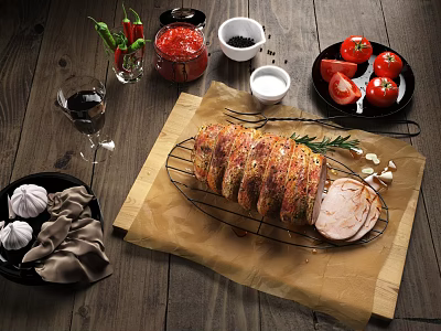 Roasted Pork Roll with Tomatoes Ketchup Black Pepper and Red Wine on Wooden Table 3d model