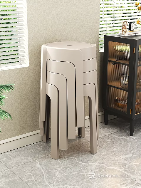 Stackable Light Beige Plastic Stools In Indoor Home Corner With Plant And Cabinet 3d model 