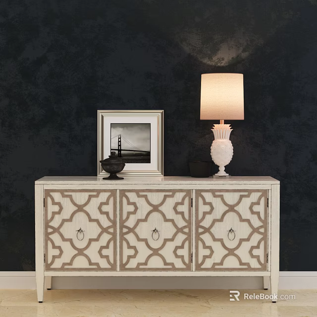 Light Colored Console Cabinet With Decorative Pattern Table Lamp And Framed 3d model 
