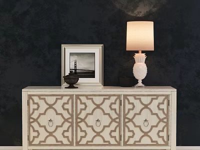 Light Colored Console Cabinet With Decorative Pattern Table Lamp And Framed 3d model
