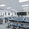 Science Laboratory With Blue Counter Tables Stools Blackboard Wall Posters Windows And Ceiling Lights 3d model
