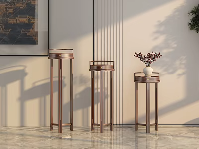 Set of Three Modern Minimalist Metal Side Tables with Decorative Vase and Elegant Design 3d model